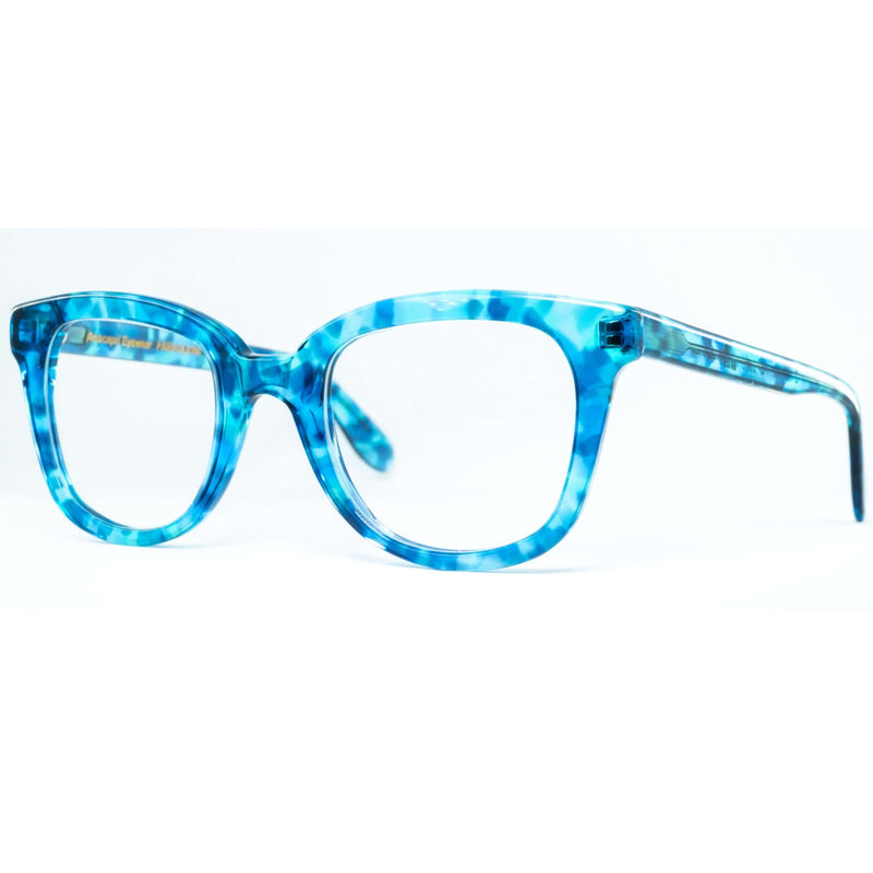 Occhiali da vista Cimmino Lab, modello Faraglioni, colore tartarugato blu Capri, vista laterale.