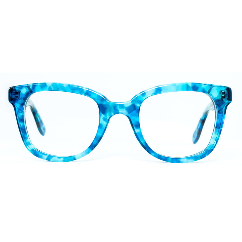 Occhiali da vista Cimmino Lab, modello Faraglioni, colore tartarugato blu Capri, vista frontale.